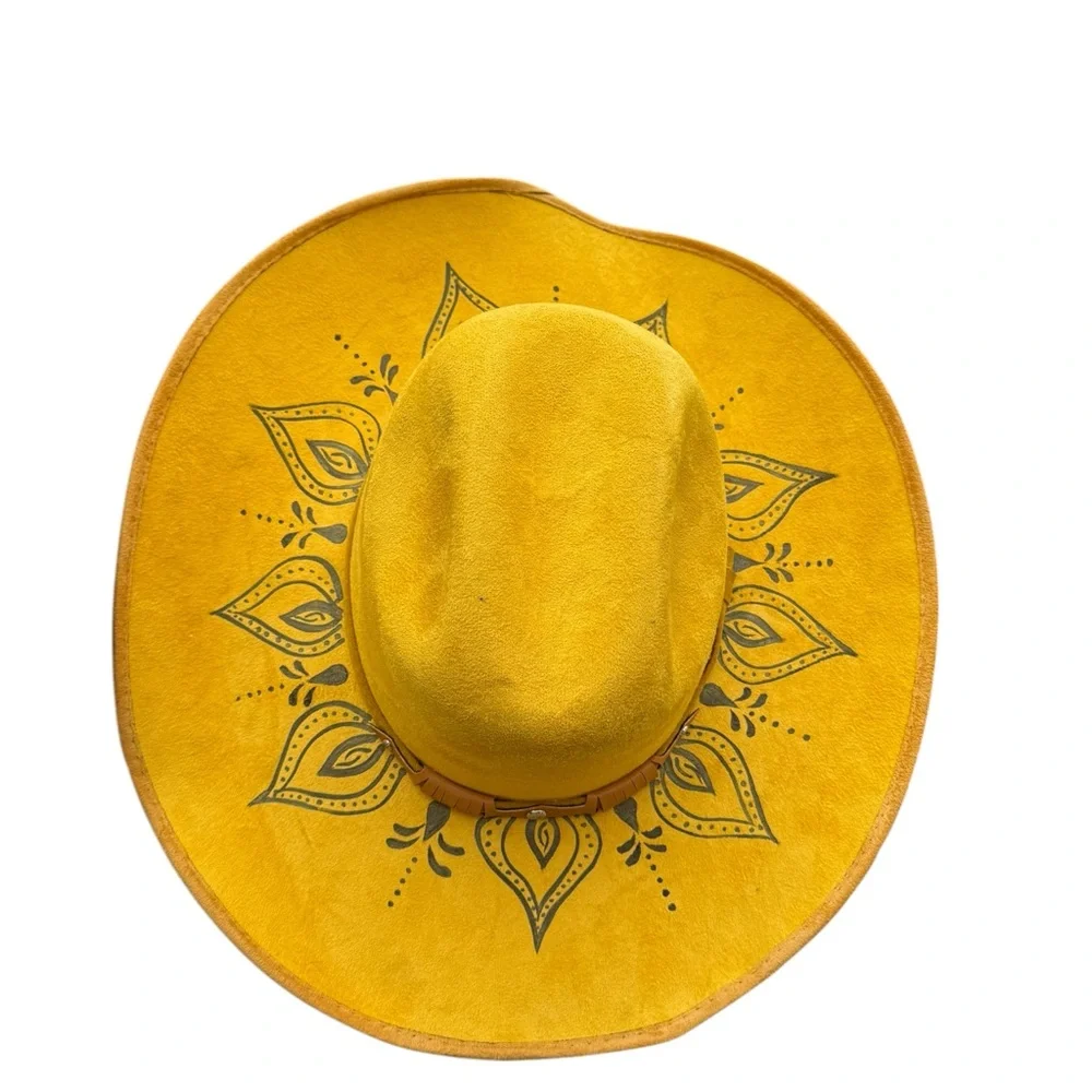 Western Hand‎ Burned Wide Brim Cowboy Hat Yellow Boho Festival Hat